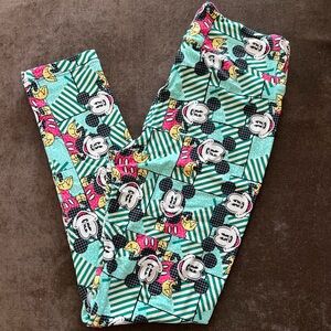 LuLaRoe Mickey Mouse Patterned Leggings - Teal and Pink